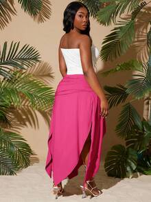 SHEIN SXY Váy xếp ly eo cao, vạt bất đối xứng, xẻ tà cao, gợi cảm dành cho nữ cỡ lớn, bộ sưu tập Xuân/Hè 2025, kiểu dáng thành thị mới, màu xám kaki trơn, thích hợp cho kỳ nghỉ biển, hẹn hò, sinh nhật, tiệc độc thân, dễ thương, thường ngày, đi mua sắm, dạo phố, đi chơi, dễ phối đồ và giúp trông thon gọn, tôn dáng, làm nổi bật vóc dáng. - Màu Hồng Tươi - Xem 2