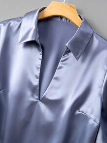 GlowEve CURVE Plus Size Satin Fabric Collared V-Neck Short Sleeve Fitted Shirt, Casual Commute Elegant Outgoing Date Party Blouse - Dusty Blue - View 4