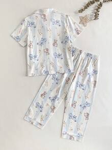 两件套男童可爱蓝白条纹鸭熊印花纽扣衬衫和裤子舒适阻燃睡衣套装 - 藍色 - 查看 2