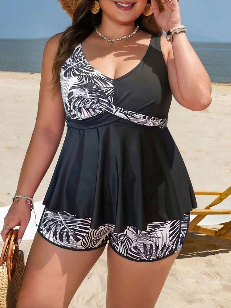 Swim Lushoire Plus Size Women 2-Piece Printed Criss-Cross Tankini Swimsuit - Black - View 1