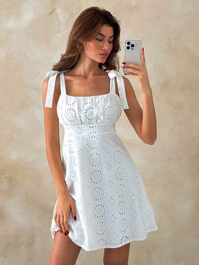 SHEIN Women's White Broderie Anglaise Short Dress Featuring Tie-Up Ribbon Shoulder Straps, Ruched Bust, And A-Line Eyelet Lace Skirt, Vacation Cotton Dresses