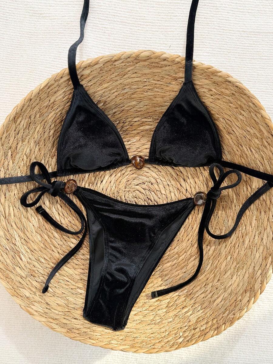 Swim Vcay 2026春夏黑色吊带丝绒挂脖系带三角比基尼上衣+高衩侧系带丁字裤女士两件式泳衣 - 黑色 - 查看 1