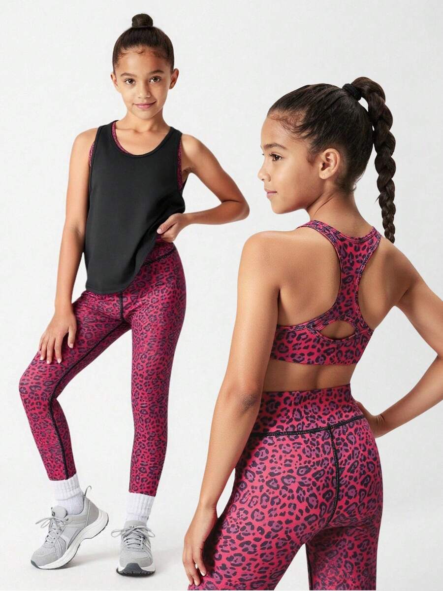 SHEIN 少女服装：多色印花高弹力背心、上衣和裤子，简约运动套装，时尚、舒适、休闲户外运动三件套 - 彩色 - 查看 1