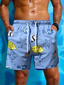 Manfinity Swimmode Men's Elastic Waist Drawstring Casual Starfish & Tropical Fish Print Beach Shorts Blue Men's Swim Trunk Men's Beachwear Men's Swimwear Fish Print Swim Shorts Swim Trunks Men Blue Casual Outdoor Beach Shorts, Drawstring Waistband, Single Layer Without Lining, Perfect For Casual, Vacation, Beachwear,Hawaiian - Multicolor - View 3