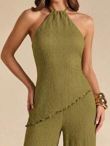 SHEIN BAE 绿色纹理露背系带上衣和阔腿裤两件套，优雅休闲度假装 - 綠色 - 查看 4