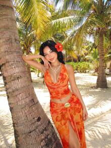 Sweetina 花卉网纱印花半身裙，度假风 - 橘色 - 查看 4