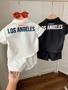 SHEIN 4件套男女宝宝夏季黑白撞色字母印花针织柔软polo领短袖开衫衬衫和松紧腰短裤套装，适合度假、居家、上学穿着。 - 彩色 - 查看 5