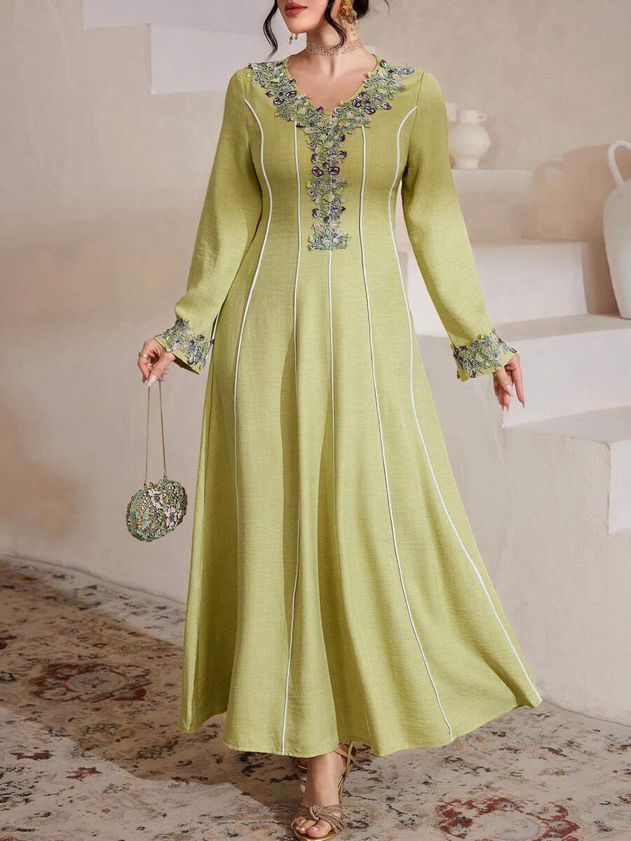 Modelyn Embroidered Trim Patchwork Elegant Modest Plus Size Long Sleeve Dress - Green - View 1