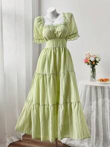 Sweetra Casual Hollow-Out Square Neck Long Cake Dress For Ladies - Green - View 5