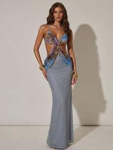 SHEIN BAE Đầm nữ mùa xuân/hè phối lưới họa tiết hoa, cổ yếm hở lưng, thích hợp cho kỳ nghỉ biển, đầm đi nghỉ gợi cảm, đầm in hoa. - Màu tím - Xem 2