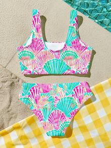SHEIN 少女贝壳印花吊带背心和三角裤休闲简约泳衣套装，适合夏季度假和海滩穿着 - 彩色 - 查看 4