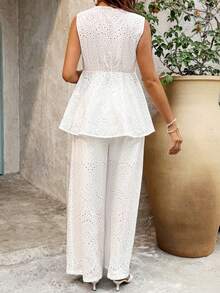 SHEIN 孕妇V领刺绣扭结上衣和阔腿裤休闲两件套 - 白色 - 查看 2