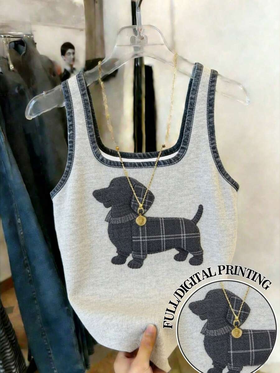 Resyla Gray Print Dog Pattern Fitted Tank Top For Women - Grey - View 1