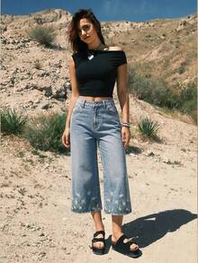 Easelle Quần Jeans Denim Rộng Rãi Thêu Thời Trang Thường Ngày Cho Nữ, Mùa Hè - Màu xanh lam - Xem 6