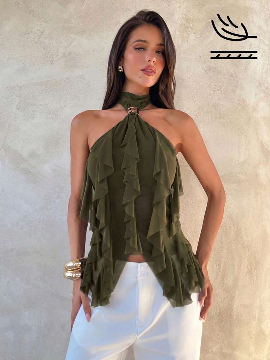 Aloruh Kamisol Wanita Elegan dengan Trim Ruffle Berlapis-lapis dan Kerah Tegak yang Pas di Badan - Hijau Tentara - View 1