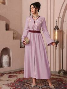 Al Najma Đầm maxi dài tay thêu đính cườm truyền thống Thổ Nhĩ Kỳ và Ả Rập dành cho phụ nữ - Màu tím - Xem 6