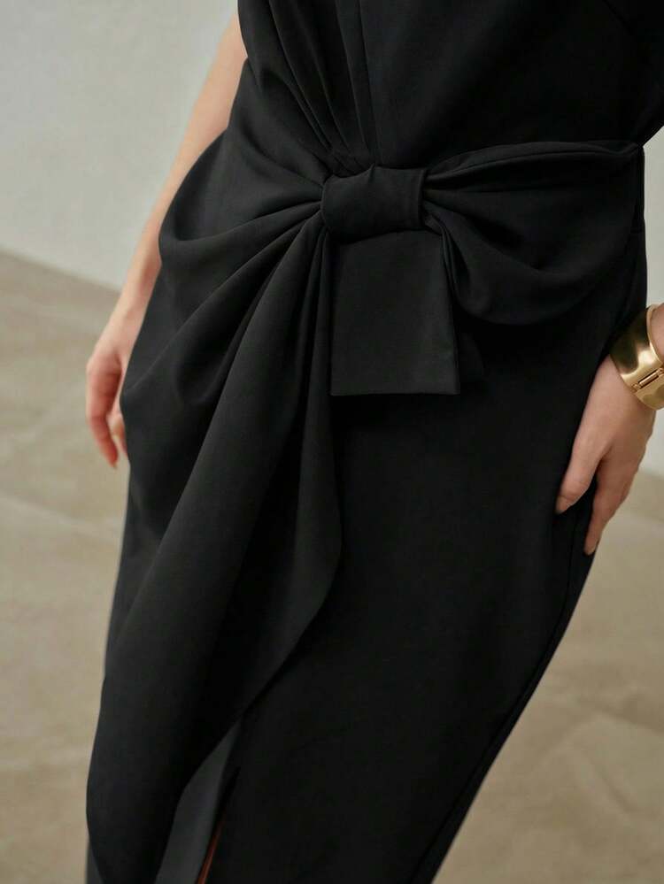 PLUS SIZE WOMEN'S FRONT KNOT SPLIT MIDI DRESS