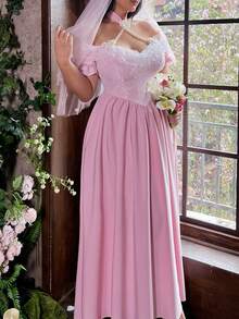Lyrianda Plus Size Off-Shoulder Lace Patchwork Faux Pearl Chain Decor Floral Vintage Elegant Vacation Party Dress, Sweet Pink - Pink - View 7