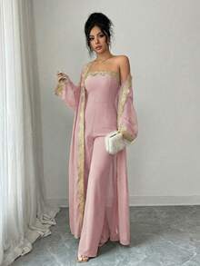 SHEIN Raffinéa 女士时尚雪纺开衫，金色花卉饰边，搭配优雅连体裤，两件套 - 藕粉色 - 查看 3