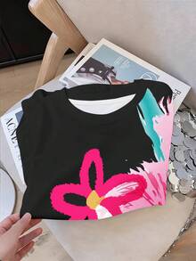 SHEIN 色彩缤纷的Y2K多巴胺花卉印花宽松圆领女式T恤 - 黑色 - 查看 3