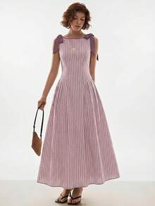 Poéselle Women's Striped Sleeveless Casual Midi Dress With Knot Detail - Dusty Pink - View 6