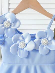 Elladie kids Young Girls 3D Floral Pearl Decor Asymmetric Hem Top + Flare Pants 2pcs Set, Suitable For Birthday, Vacation, Party, Spring/Summer - Blue - View 9