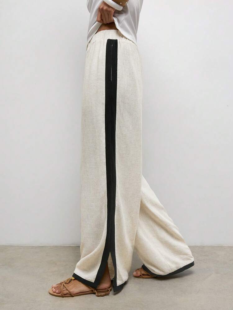 SHEIN Maija Women's Long Black And White Casual Pants Straight Leg Woven Fabric With Stylish Colorblock Side Stripe São João Women's Clothing Mother's Day