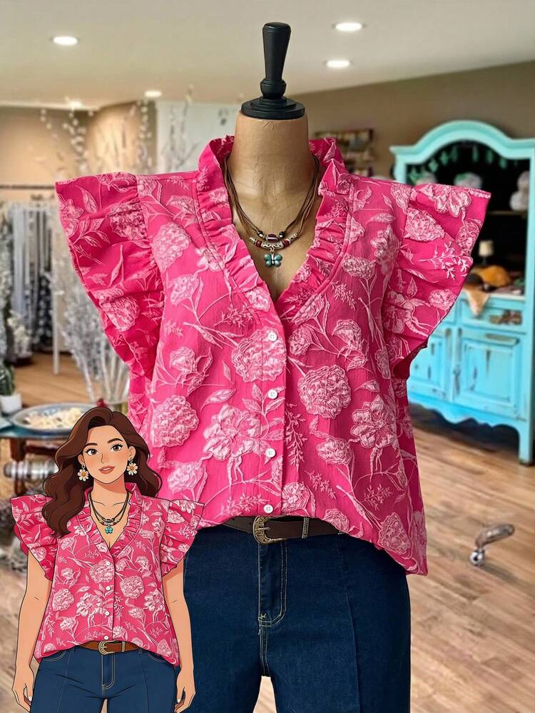 Plus Size Casual Jacquard Ruffle Trim Shirt Summer Tops Summer Outfits Summer Clothes  Spring  Spring Outfit Women Spring Clothes Country Style For Women