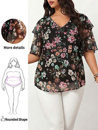Enliva 大码女式花卉印花荷叶边袖宽松衬衫度假夏季束腰上衣