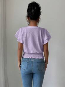 Selianne Kaos Polos Kasual untuk Liburan dengan Bordir Berongga dan Kerah Bulat - Mauve Purple - View 2