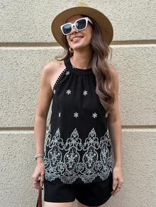 Solivie Women's Vacation Casual Printed Halter Shirt Summer Outfits  Summer Tops  Summer Women's Retro Vacation Commuting Casual Elegant Versatile Classic Black And White Color Blocking Embroidered Halter Neck Vest With Three-Dimensional Embroidery   Summer Top - Black - View 3
