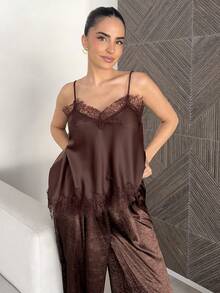 Marta Soriano Women's Solid Color Minimalist Lace Patchwork Camisole Top, Everyday Wear - Coffee Brown - View 5
