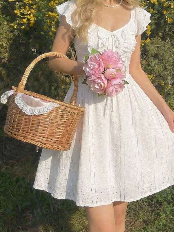 SHEIN Tween Girl Elegant Collared Waist Cinched Midi Dress White Summer Dress Picnic Dress Cotton Girl Dress Tea Party Dress