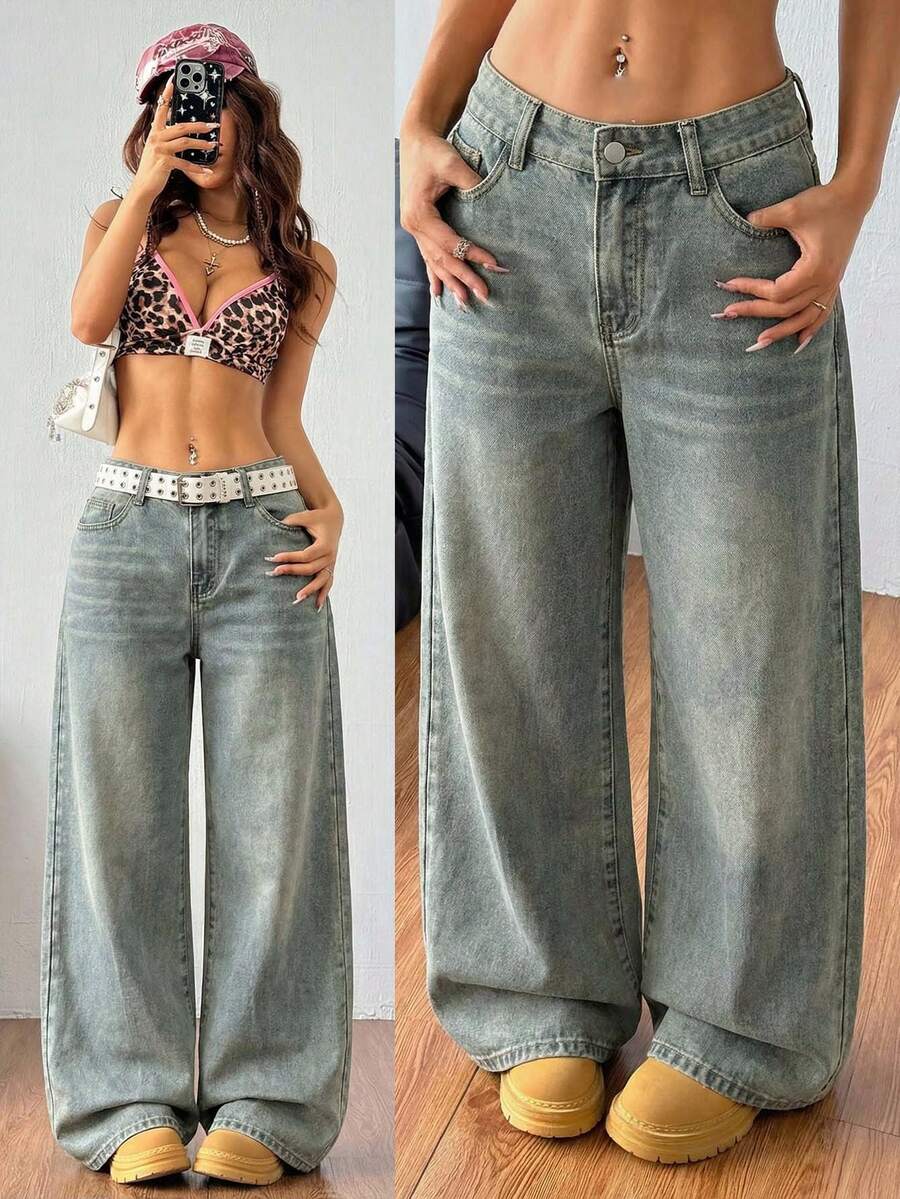 Coolane 女士休闲宽松口袋牛仔阔腿裤 - 淺色水洗藍 - 查看 1