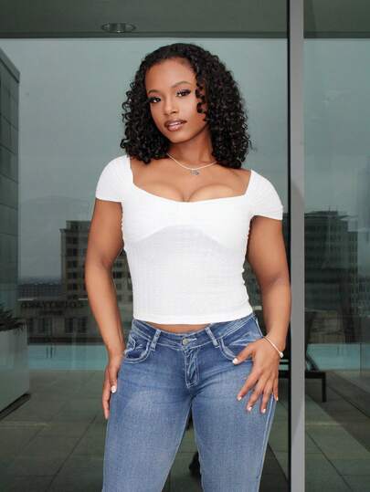 Steph T Women's Summer Solid Color Sweetheart Neckline Off-Shoulder Short Sleeve Slim Fit T-Shirt With Twist Knot Detailing,Crop Tops Women