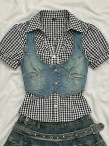 Elamini Blusa vaquera sin mangas corta y lavada para mujer - Lavado ligero - Ver 1