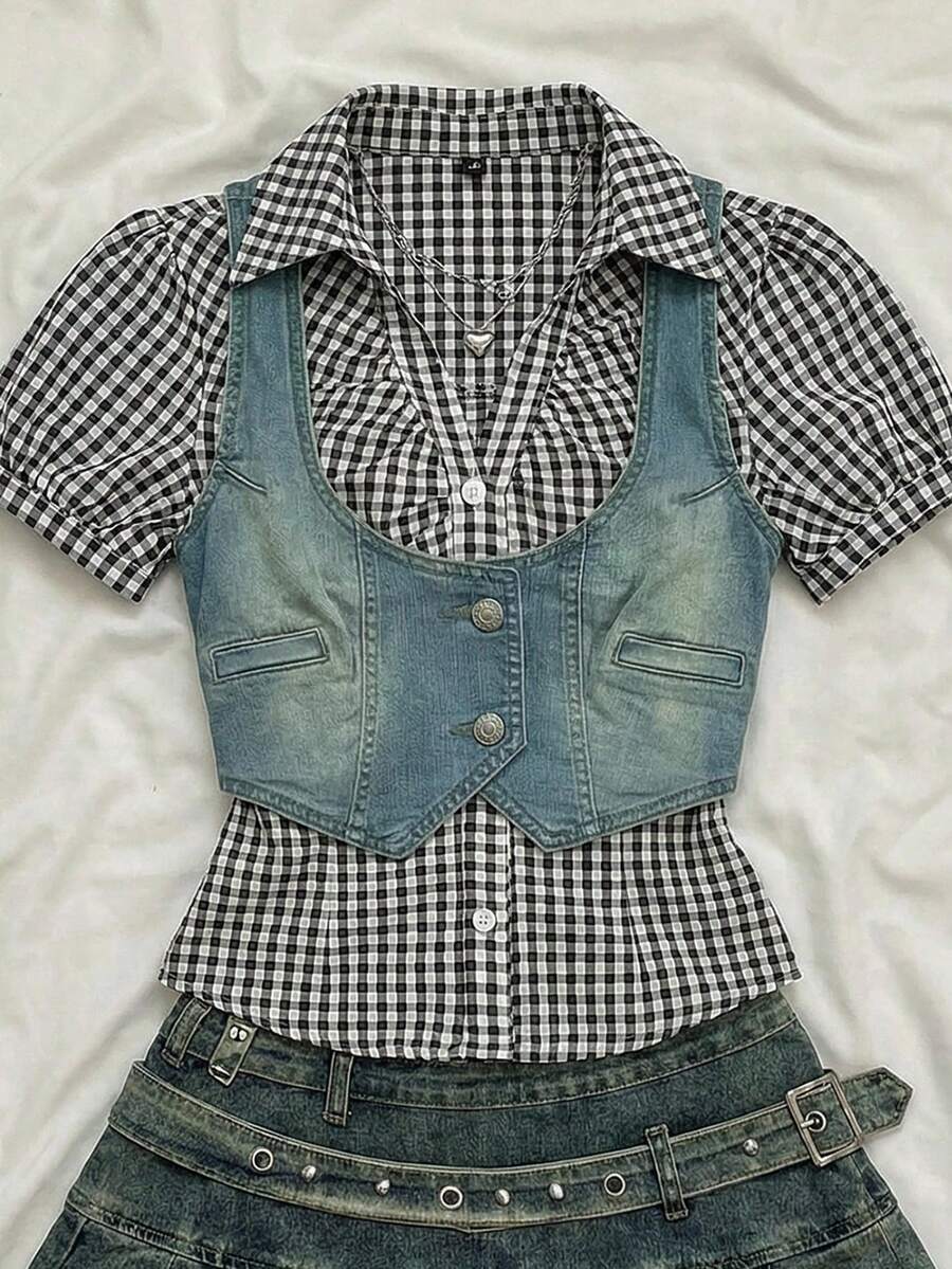 Elamini Blusa vaquera sin mangas corta y lavada para mujer - Lavado ligero - Ver 1