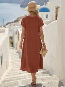Faunlyn Women's Solid Color Round Neck Short Sleeve Pleat Double Pocket Loose Casual Dress - Redwood - View 2