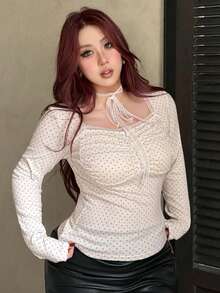 Dazy Plus Plus Size Women's Solid Color Fitted Lace-Up Long Sleeve Cropped T-Shirt, Spring/Autumn - White - View 5
