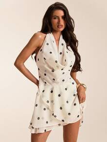 SHEIN BAE White With Black Polka Dots,Summer,70s,Party Elegant Draped Neck Asymmetric Ruffle Hem A-Line Dress,Apricot & Black Casual Vacation Wedding Banquet - Apricot - View 8
