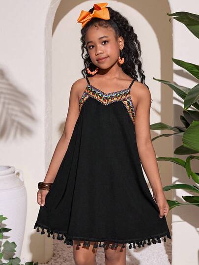 Tween Girls' Casual Black Spaghetti Strap Tassel Loose Beach Vacation Dress, Spring/Summer Kids Trapeze Dress Kids Black Dress Black Short Dress Kids