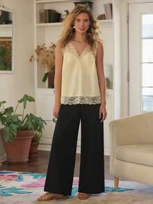 Freevana Quần ống rộng cạp cao chất liệu 100% cotton dành cho nữ, kiểu dáng tối giản, thường ngày, có họa tiết. - màu đen - Xem 3