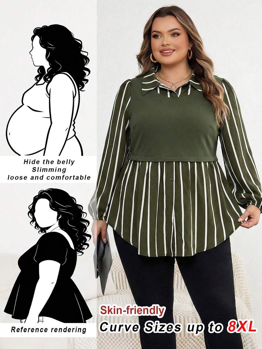 SHEIN CURVE+ 大码女式条纹拼接翻领长袖休闲衬衫，秋冬款 - 軍綠色 - 查看 1
