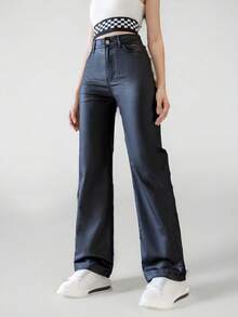 SHEIN Sparklyn 少女 Y2K Y3K 街头服饰复古抽绳腰部弹性涂层直筒牛仔裤，全年必备时尚单品 - 黑色 - 查看 6