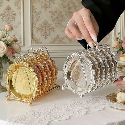 7pcs/Set (6 Coasters + 1 Rack) Vintage European Style Palace Coasters, High-Quality Stainless Steel Heat-Resistant Drink Coasters With Coaster Rack