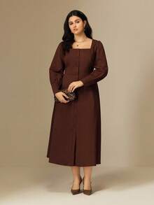 Juhart 大码女式优雅通勤棕色方领单排扣泡泡袖长袖修身修身长款连衣裙 - 棕色 - 查看 3