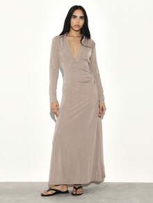 KSTM Women's Long Sleeve Deep V-Neck Side Gathered Maxi Dress With Ruched Waist Detail For Evening And Occasions - Khaki - View 3