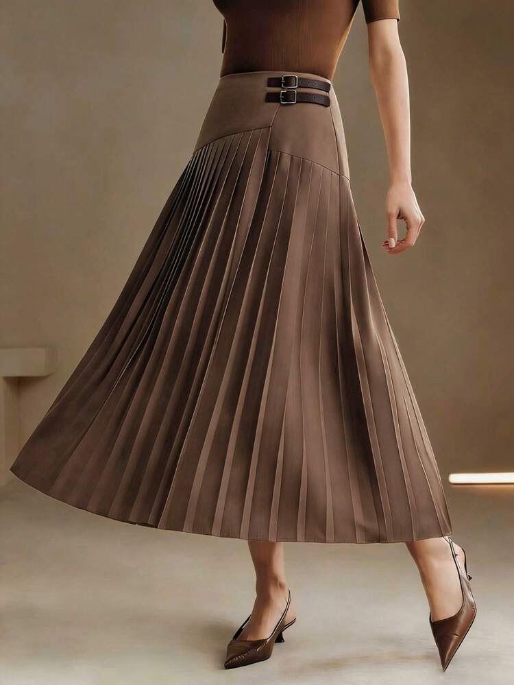 Apricot Color Pleated Contrast Color Elegant Everyday Casual Commute Versatile Women's Skirt