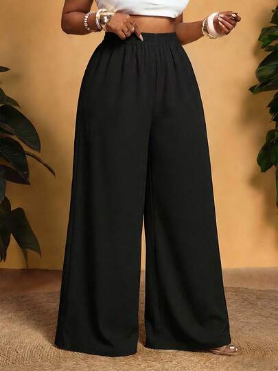 Veslaya 2026 Primavera/Verano Nuevos Pantalones Largos Sueltos de Color Negro Sólido Estampado para Uso Casual y Diario, Playa y Fiesta de Fogata para Mujeres de Talla Grande