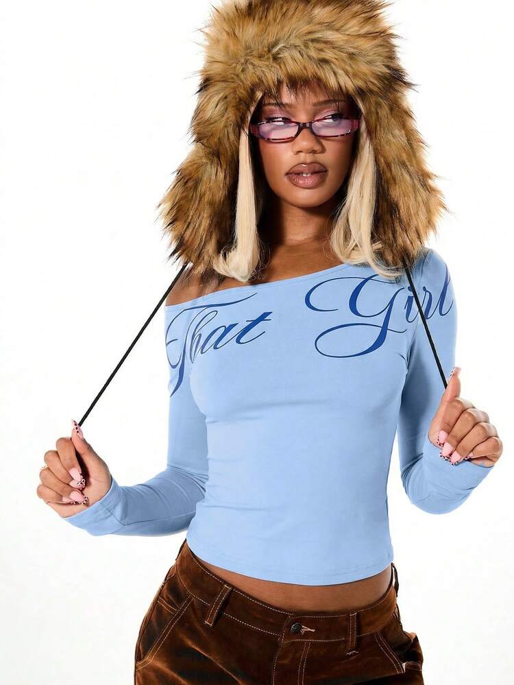 SUMWON WOMEN Off Shoulder Long Sleeve Ruched Side Top With Script Print For Women Fall Winter